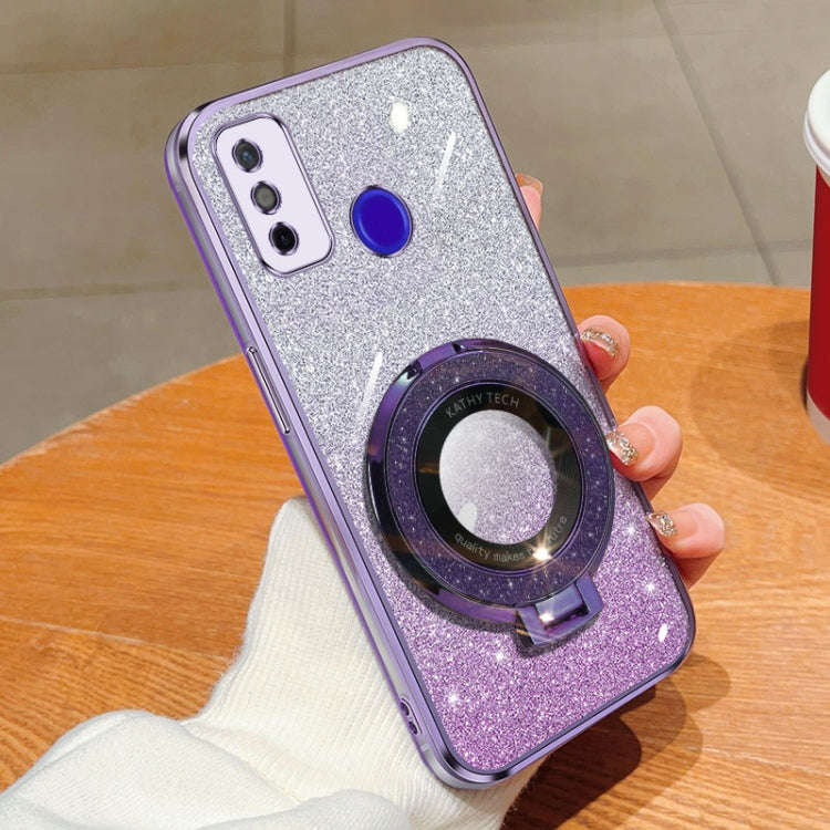 For Tecno Spark Go 2020 Plated Gradient Glitter Round Holder TPU Phone Case(Purple)