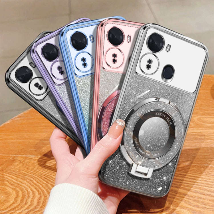 For Itel S23 Plated Gradient Glitter Round Holder TPU Phone Case(Pink)
