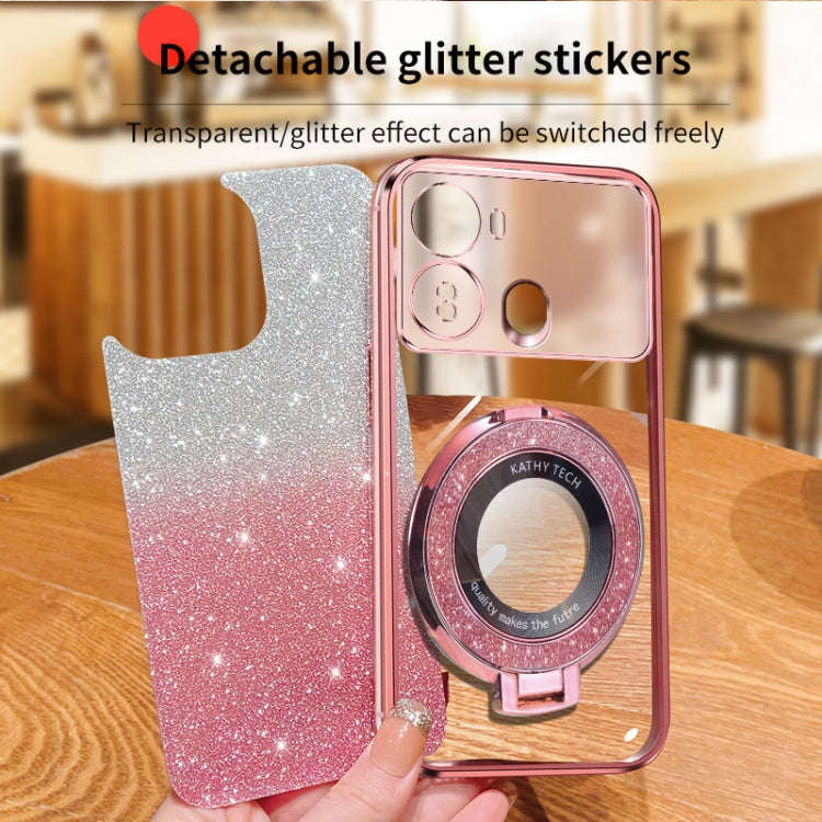 For Itel S23 Plated Gradient Glitter Round Holder TPU Phone Case(Pink)