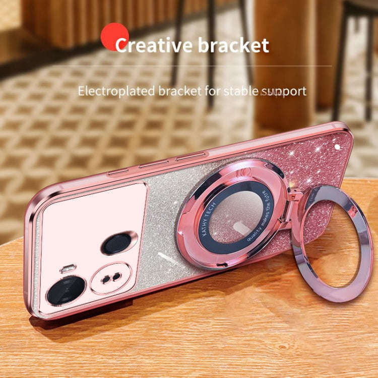 For Itel S23 Plated Gradient Glitter Round Holder TPU Phone Case(Pink)