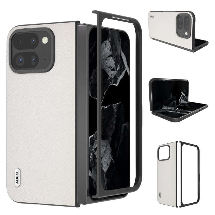 For Google Pixel 9 Pro Fold ABEEL Genuine Leather Elegant Black Edge Phone Case(White)