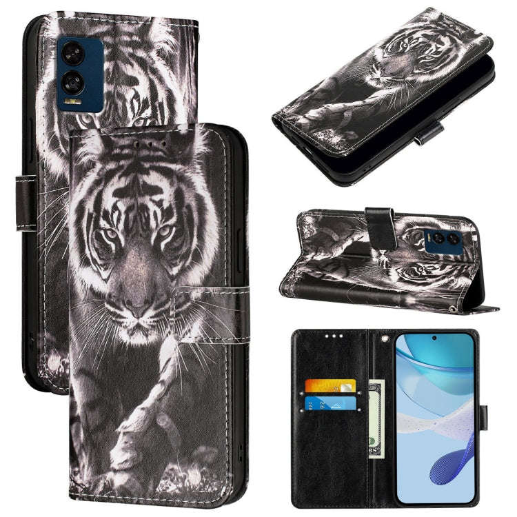 For BLU View Speed 5G Colored Drawing Pattern Plain Weave Leather Phone Case(Black And White Tiger)
