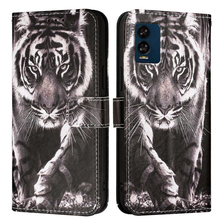 For BLU View Speed 5G Colored Drawing Pattern Plain Weave Leather Phone Case(Black And White Tiger)