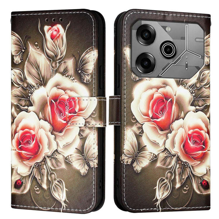 For Tecno Pova 6 Neo   Colored Drawing Pattern Plain Weave Leather Phone Case(Roses On Black)