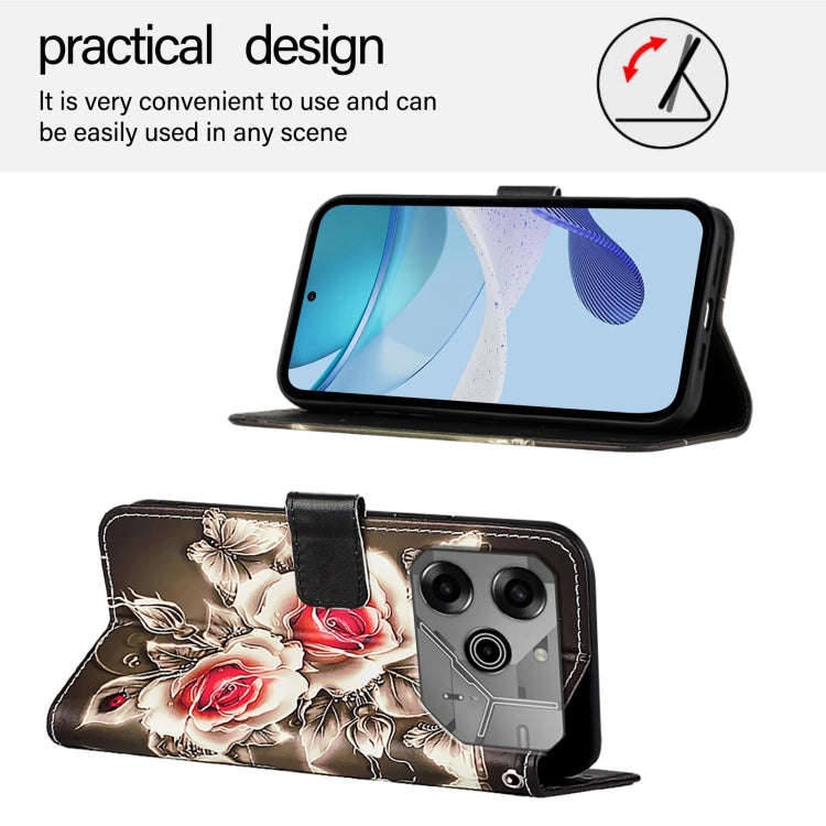 For Tecno Pova 6 Neo   Colored Drawing Pattern Plain Weave Leather Phone Case(Roses On Black)