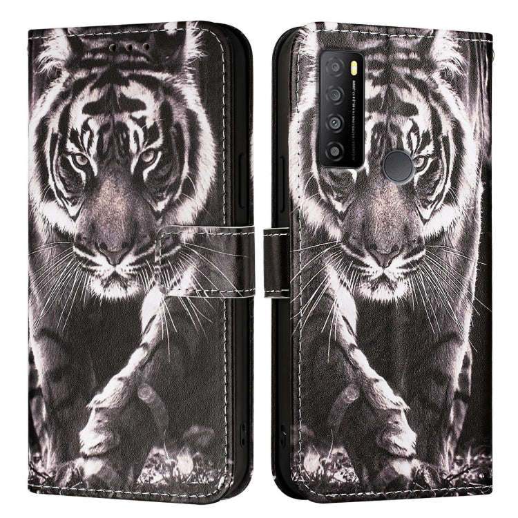 For TCL 30Z T602DL Colored Drawing Pattern Plain Weave Leather Phone Case(Black And White Tiger)