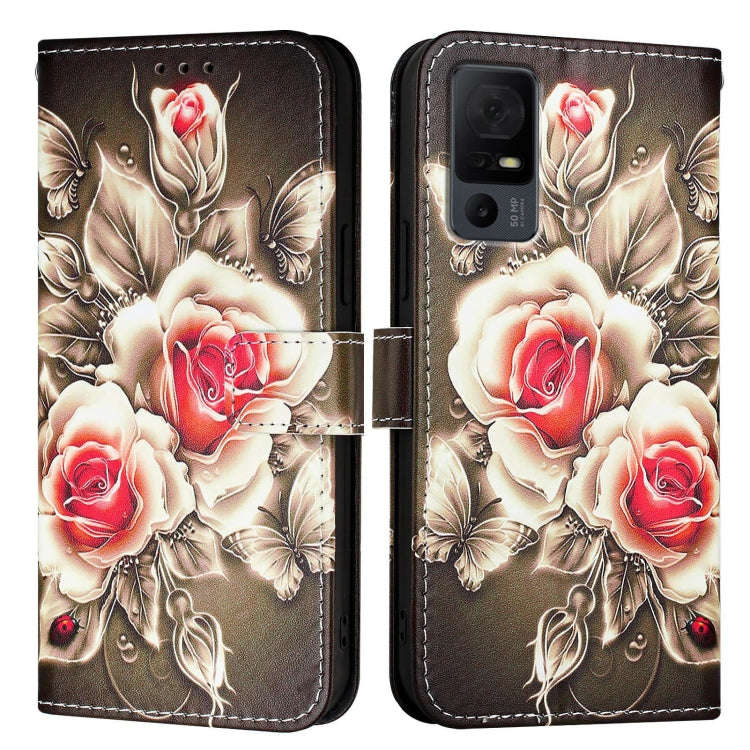 For TCL 40 XL / 40T T608DL Colored Drawing Pattern Plain Weave Leather Phone Case(Roses On Black)