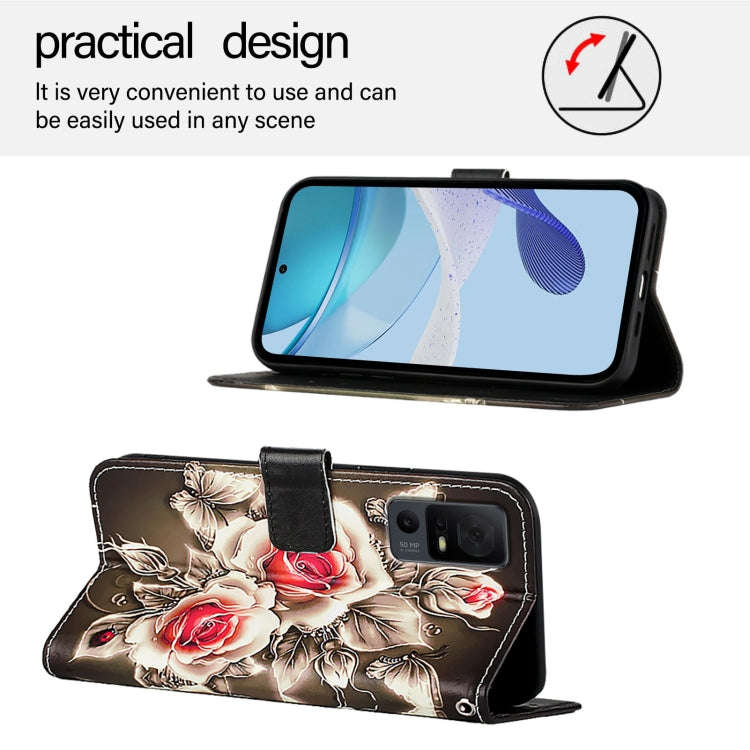 For TCL 40 XL / 40T T608DL Colored Drawing Pattern Plain Weave Leather Phone Case(Roses On Black)