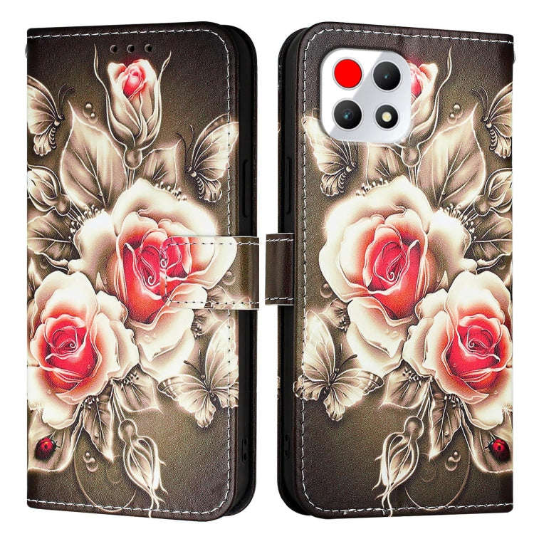 For T-Mobile REVVL 7 5G Colored Drawing Pattern Plain Weave Leather Phone Case(Roses On Black)