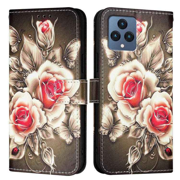 For T-Mobile REVVL 6 / 6x 5G Colored Drawing Pattern Plain Weave Leather Phone Case(Roses On Black)