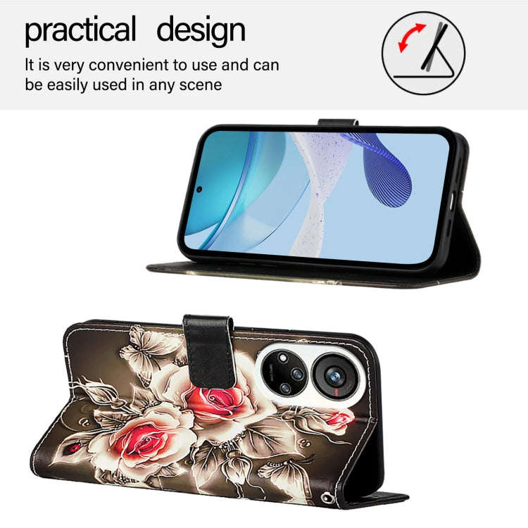 For ZTE Blade V40s   Colored Drawing Pattern Plain Weave Leather Phone Case(Roses On Black)