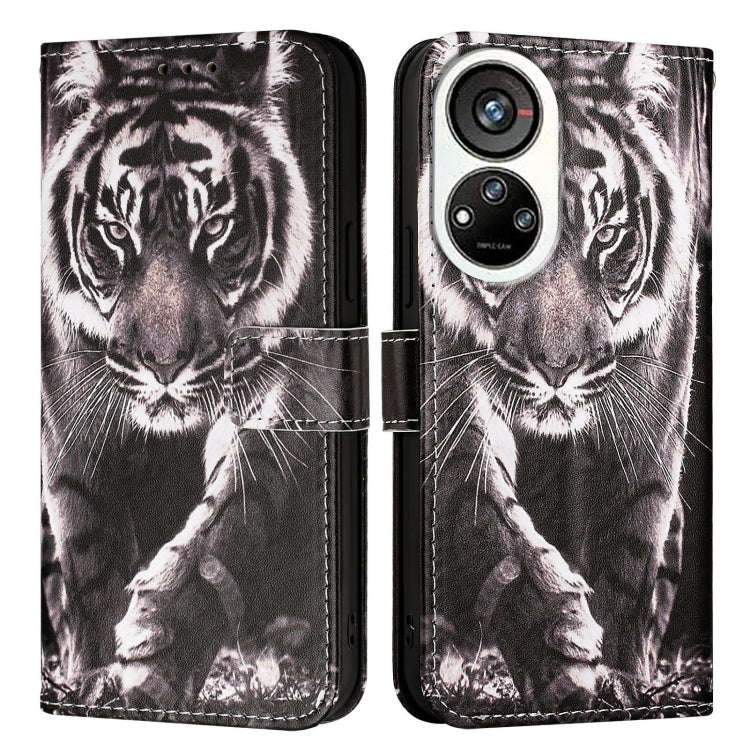 For ZTE Blade V40s   Colored Drawing Pattern Plain Weave Leather Phone Case(Black And White Tiger)