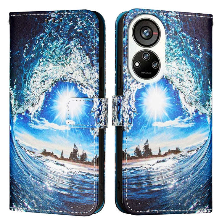 For ZTE Blade V40s   Colored Drawing Pattern Plain Weave Leather Phone Case(Waves And Sun)