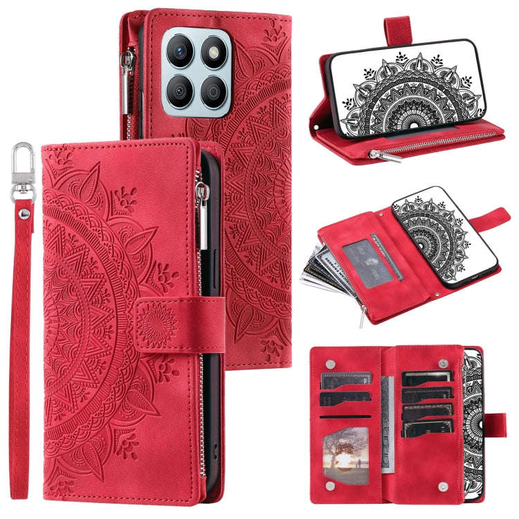 For Honor X6b 4G Global Multi-Card Totem Zipper Leather Phone Case(Red)