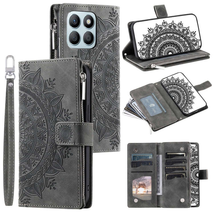 For Honor X6b 4G Global Multi-Card Totem Zipper Leather Phone Case(Grey)