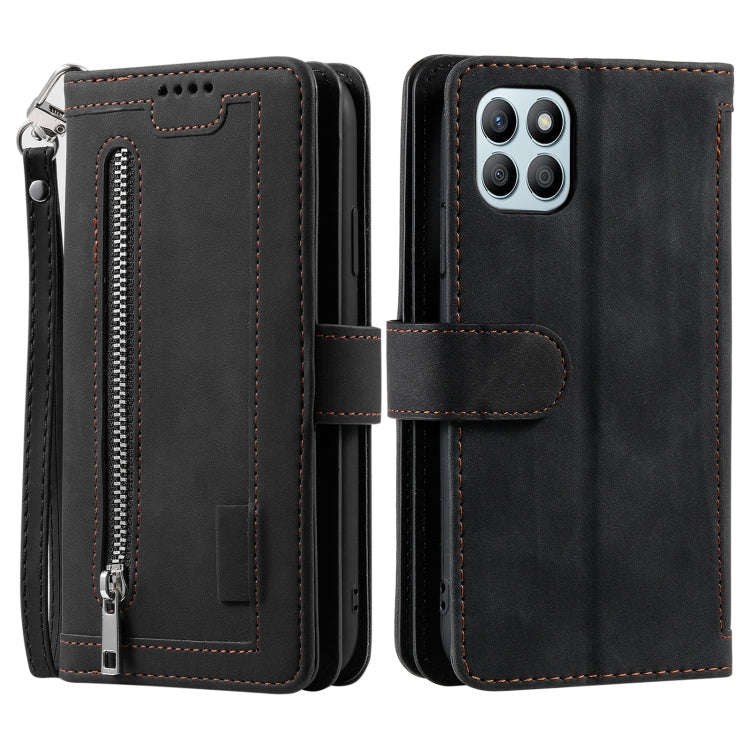 For Honor X6b 4G Global Nine Card Zipper Bag Leather Phone Case with Lanyard(Black)