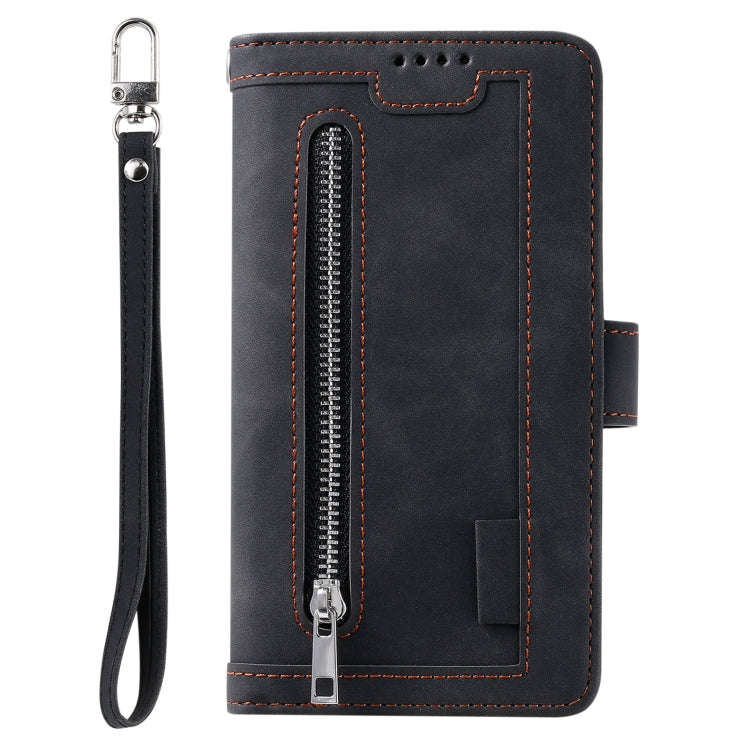 For Honor X6b 4G Global Nine Card Zipper Bag Leather Phone Case with Lanyard(Black)