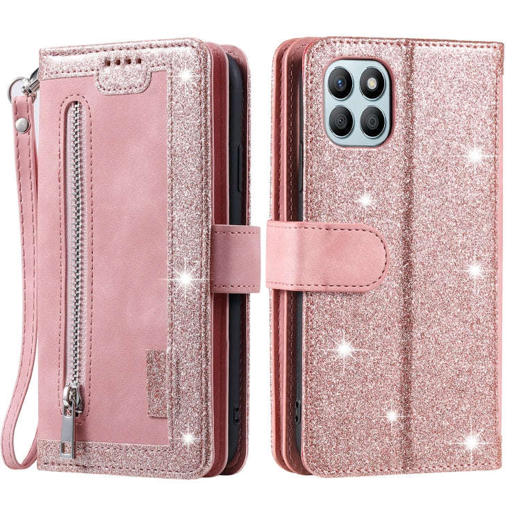 For Honor X6b 4G Global Nine Card Zipper Bag Leather Phone Case with Lanyard(Rose Gold)