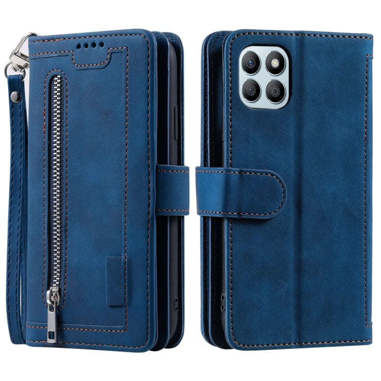 For Honor X6b 4G Global Nine Card Zipper Bag Leather Phone Case with Lanyard(Blue)