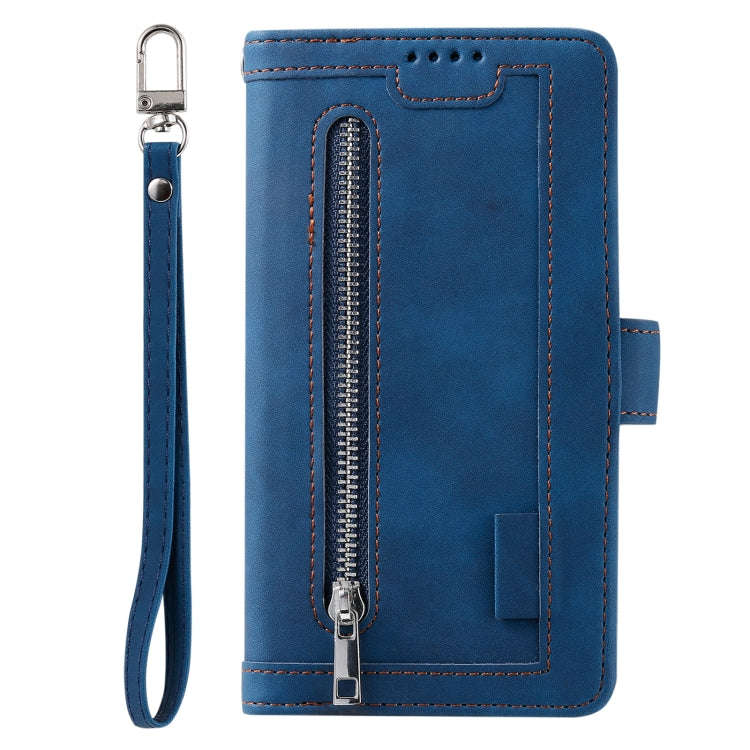 For Honor X6b 4G Global Nine Card Zipper Bag Leather Phone Case with Lanyard(Blue)