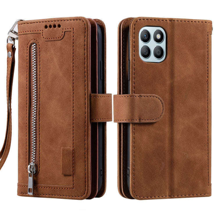 For Honor X6b 4G Global Nine Card Zipper Bag Leather Phone Case with Lanyard(Brown)
