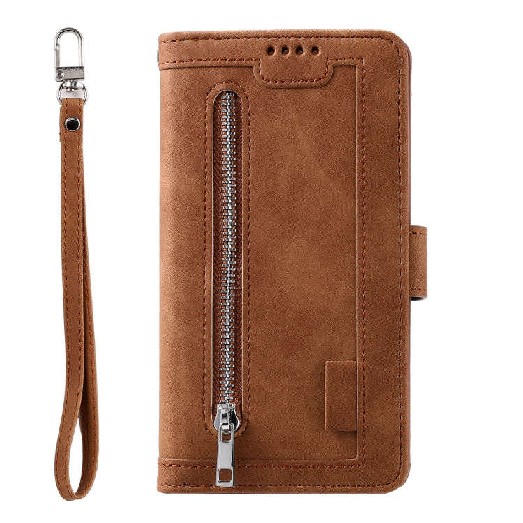 For Honor X6b 4G Global Nine Card Zipper Bag Leather Phone Case with Lanyard(Brown)