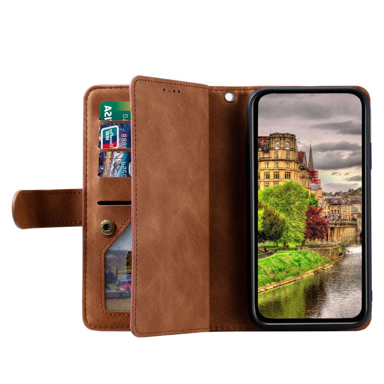 For Honor X6b 4G Global Nine Card Zipper Bag Leather Phone Case with Lanyard(Brown)