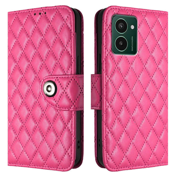 For HMD Pulse Pro  Rhombic Texture Flip Leather Phone Case with Lanyard(Rose Red)