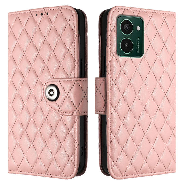 For HMD Pulse Pro  Rhombic Texture Flip Leather Phone Case with Lanyard(Coral Pink)