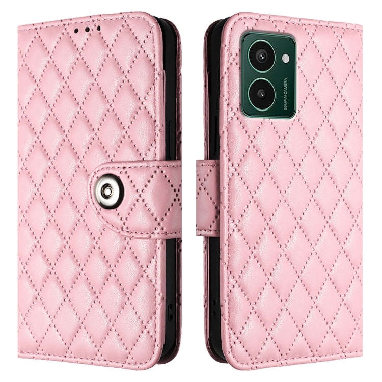For HMD Pulse Pro  Rhombic Texture Flip Leather Phone Case with Lanyard(Pink)