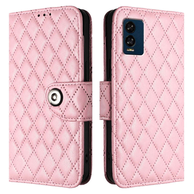 For BLU View Speed 5G  Rhombic Texture Flip Leather Phone Case with Lanyard(Pink)