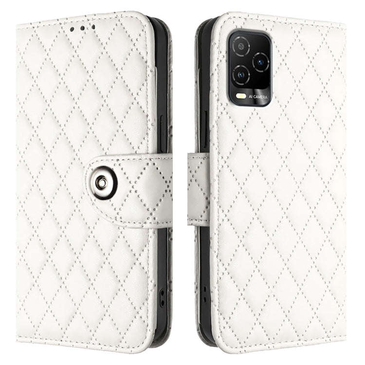 For BLU View 5 Pro Rhombic Texture Flip Leather Phone Case with Lanyard(White)