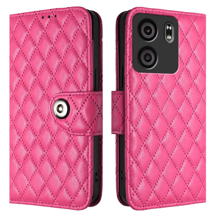 For BLU View 5 Rhombic Texture Flip Leather Phone Case with Lanyard(Rose Red)