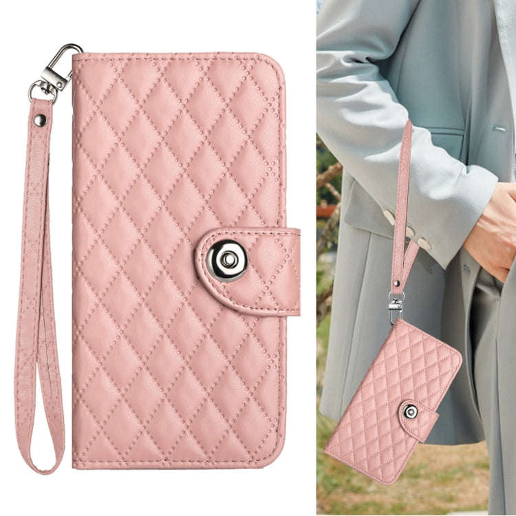 For BLU View 5 Rhombic Texture Flip Leather Phone Case with Lanyard(Coral Pink)