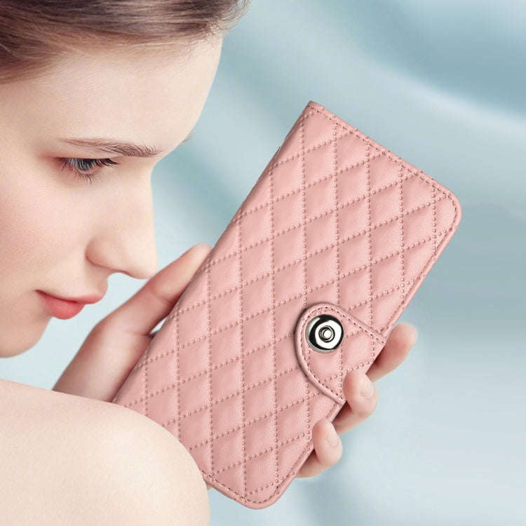 For BLU View 5 Rhombic Texture Flip Leather Phone Case with Lanyard(Coral Pink)