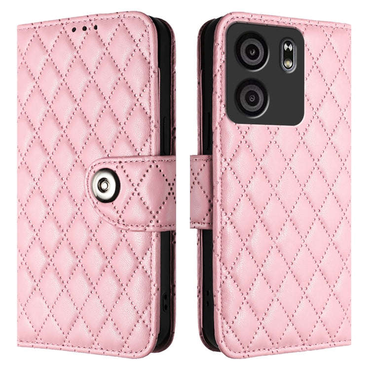 For BLU View 5 Rhombic Texture Flip Leather Phone Case with Lanyard(Pink)