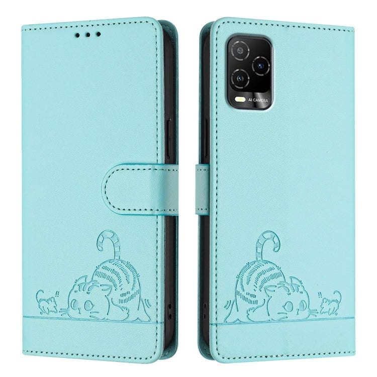 For BLU View 5 Pro Cat Rat Embossed RFID Leather Phone Case with Lanyard(Mint Green)