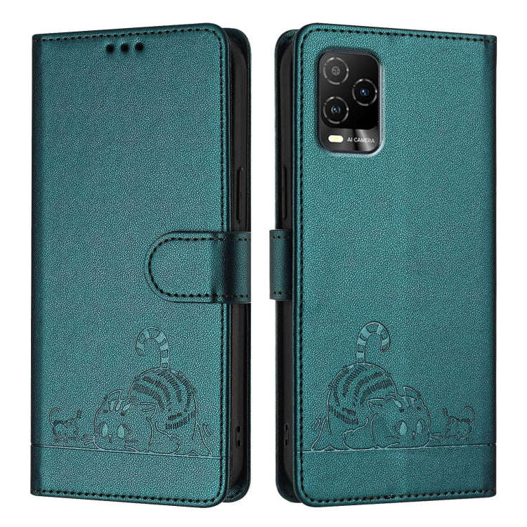 For BLU View 5 Pro Cat Rat Embossed RFID Leather Phone Case with Lanyard(Peacock Green)