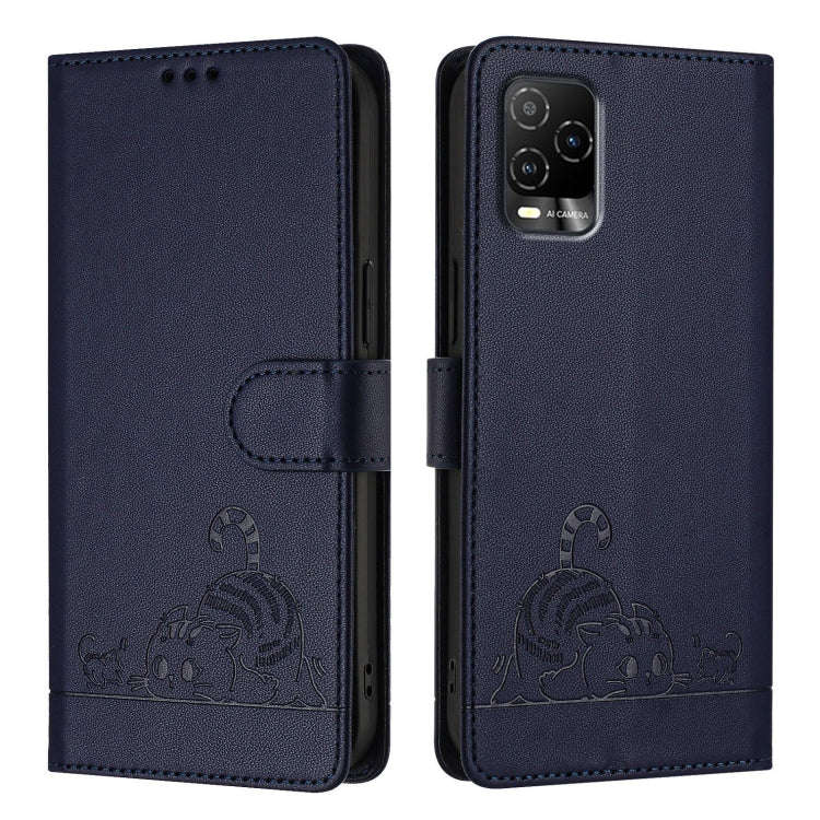 For BLU View 5 Pro Cat Rat Embossed RFID Leather Phone Case with Lanyard(Blue)