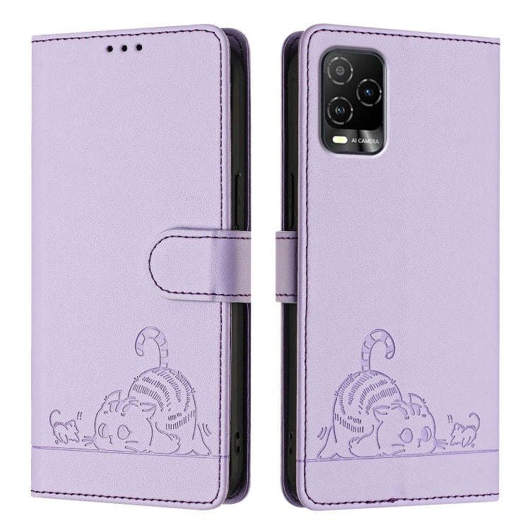 For BLU View 5 Pro Cat Rat Embossed RFID Leather Phone Case with Lanyard(Purple)