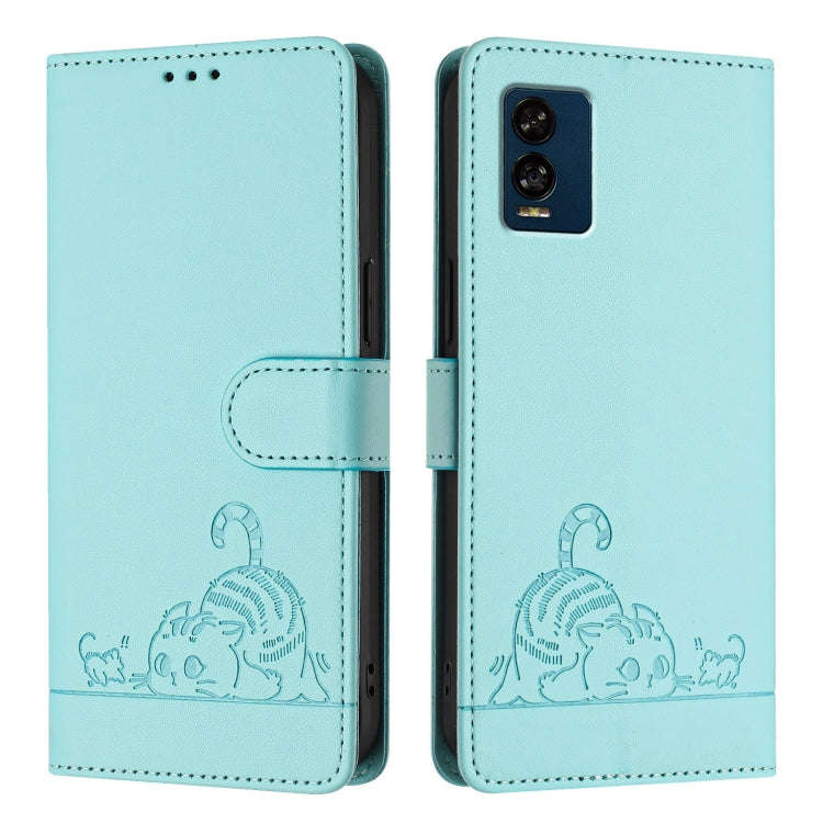 For BLU View Speed 5G Cat Rat Embossed RFID Leather Phone Case with Lanyard(Mint Green)