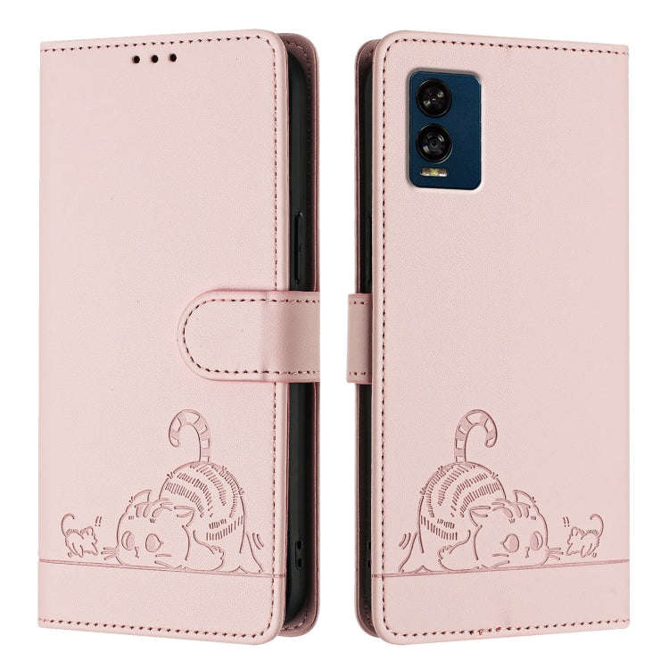 For BLU View Speed 5G Cat Rat Embossed RFID Leather Phone Case with Lanyard(Pink)