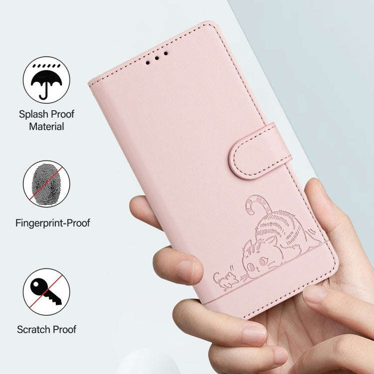 For BLU View Speed 5G Cat Rat Embossed RFID Leather Phone Case with Lanyard(Pink)