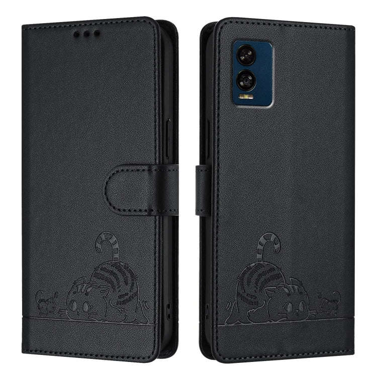 For BLU View Speed 5G Cat Rat Embossed RFID Leather Phone Case with Lanyard(Black)