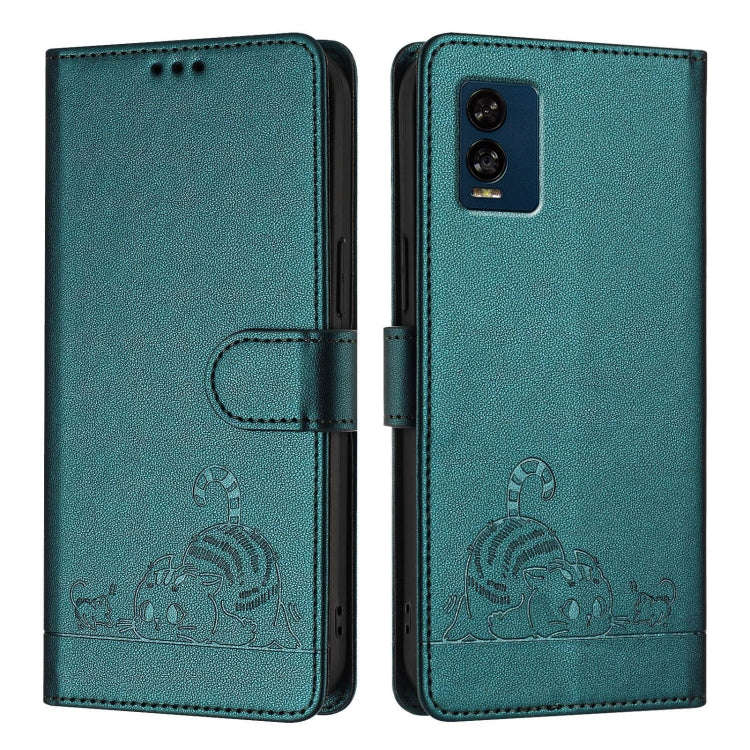 For BLU View Speed 5G Cat Rat Embossed RFID Leather Phone Case with Lanyard(Peacock Green)