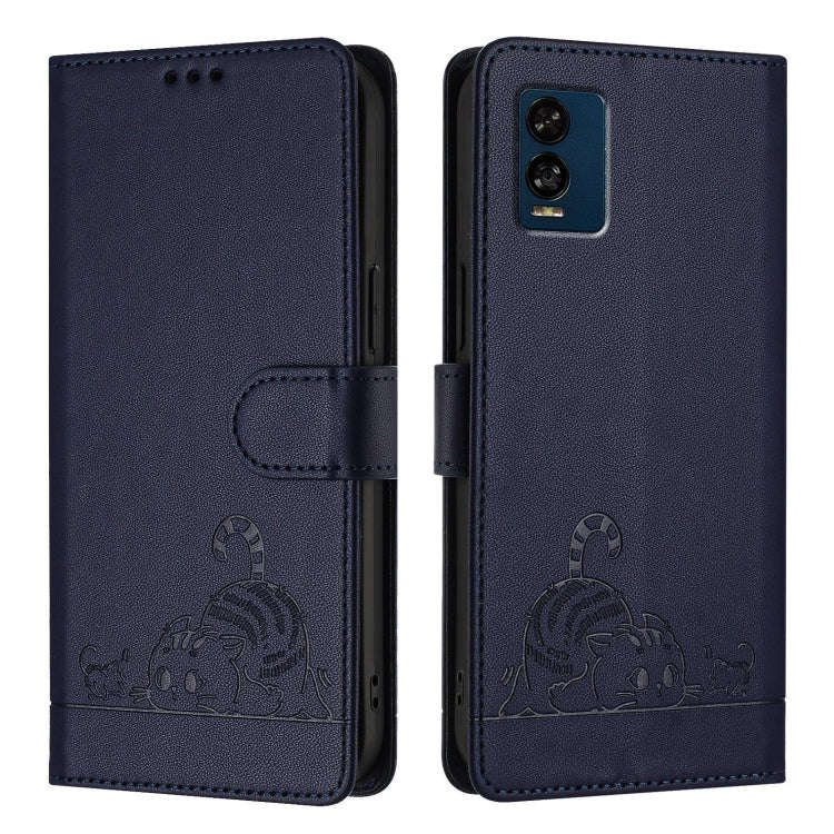For BLU View Speed 5G Cat Rat Embossed RFID Leather Phone Case with Lanyard(Blue)
