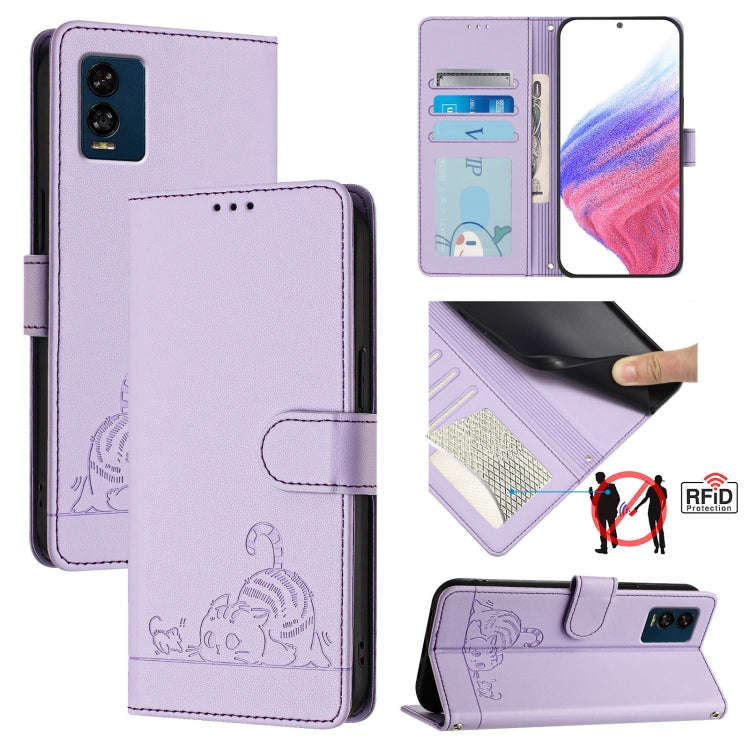 For BLU View Speed 5G Cat Rat Embossed RFID Leather Phone Case with Lanyard(Purple)