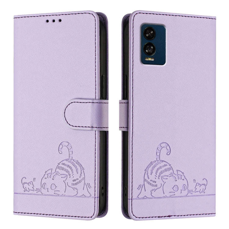 For BLU View Speed 5G Cat Rat Embossed RFID Leather Phone Case with Lanyard(Purple)