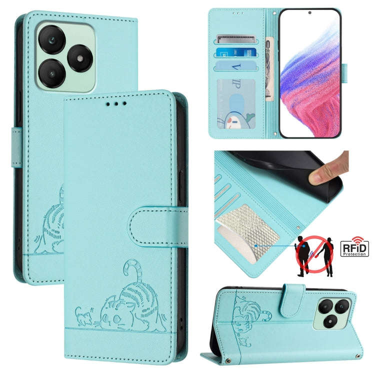 For Wiko T20 Cat Rat Embossed RFID Leather Phone Case with Lanyard(Mint Green)