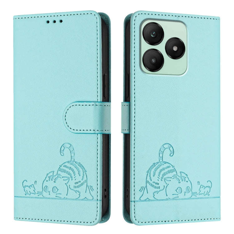 For Wiko T20 Cat Rat Embossed RFID Leather Phone Case with Lanyard(Mint Green)